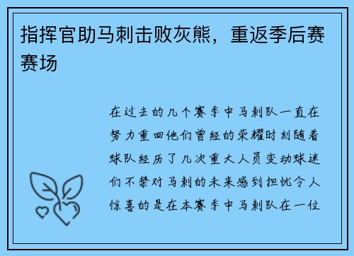 指挥官助马刺击败灰熊，重返季后赛赛场